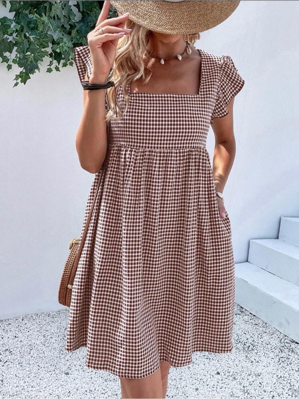SHEIN Brown Gingham Babydoll Mini Dress | Flutter Sleeves | NWT | L & XL